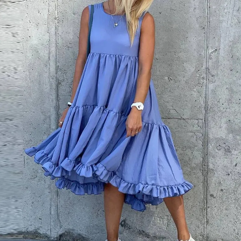 Hollow Out Solid Color Vest Casual O-neck Ruffled Swing High Waist Pleated Party Summer Sexy Dress