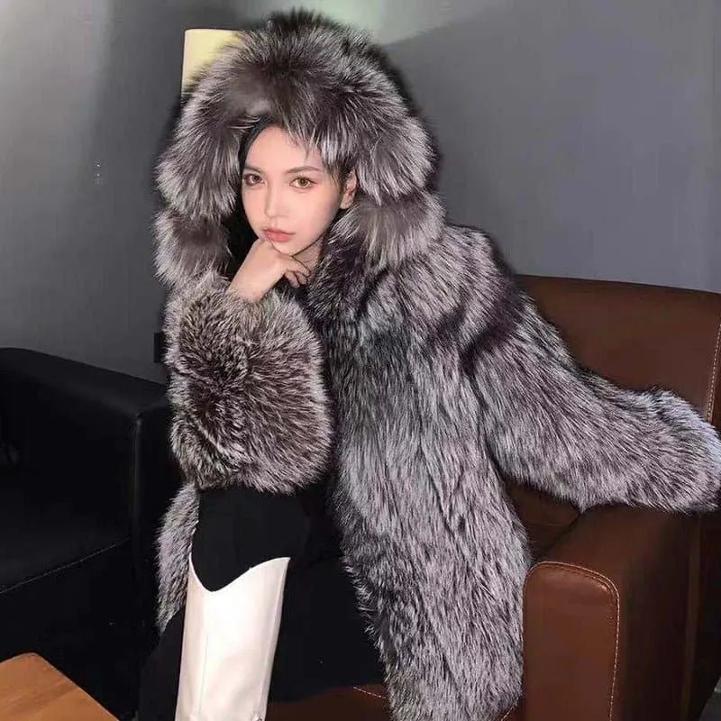 Hooded Faux Silver Fox Fur Coat - Luxurious Winter Outerwear