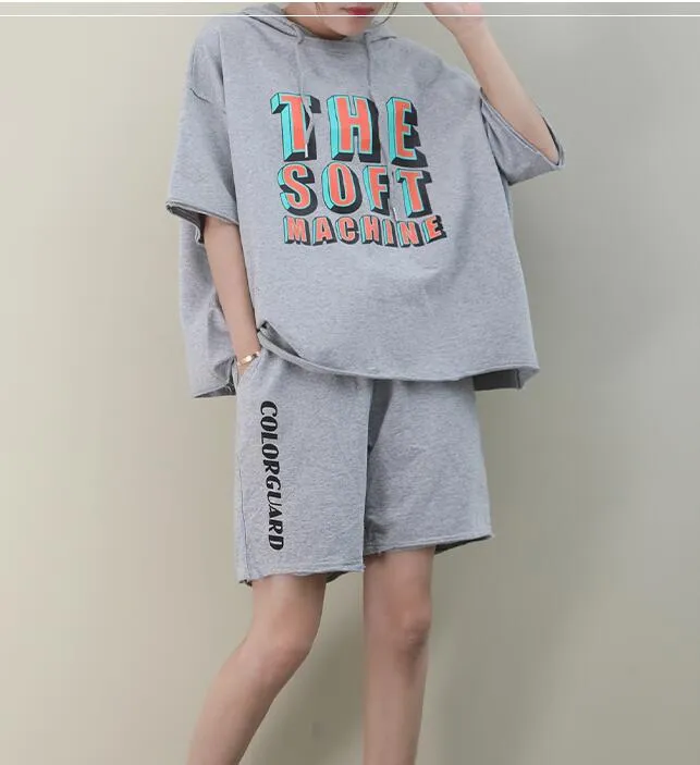 Hooded Women Summer Loose Print Shirts And Loose Women Shorts Legs Women SuitsQZ2005051