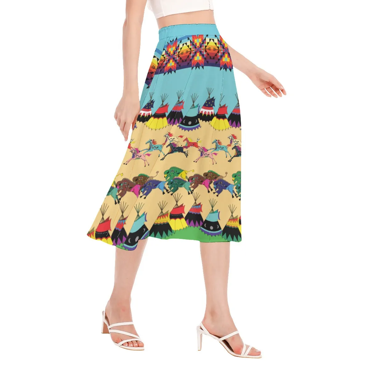 Horses and Buffalo Ledger Torquoise Women's Long Section Chiffon Skirt