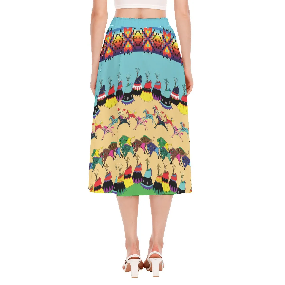 Horses and Buffalo Ledger Torquoise Women's Long Section Chiffon Skirt