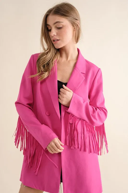 Hot Pink Double Breasted Fringe Blazer