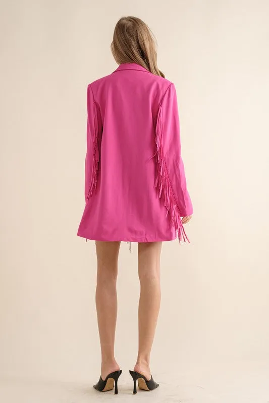 Hot Pink Double Breasted Fringe Blazer