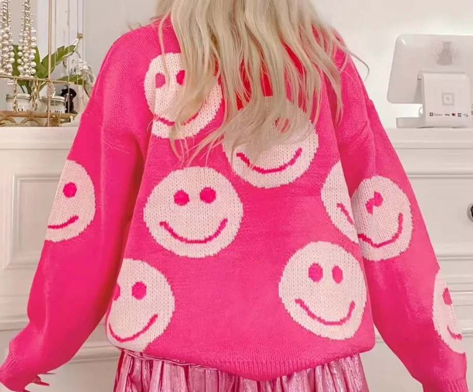 Hot Pink Smiley Sweater