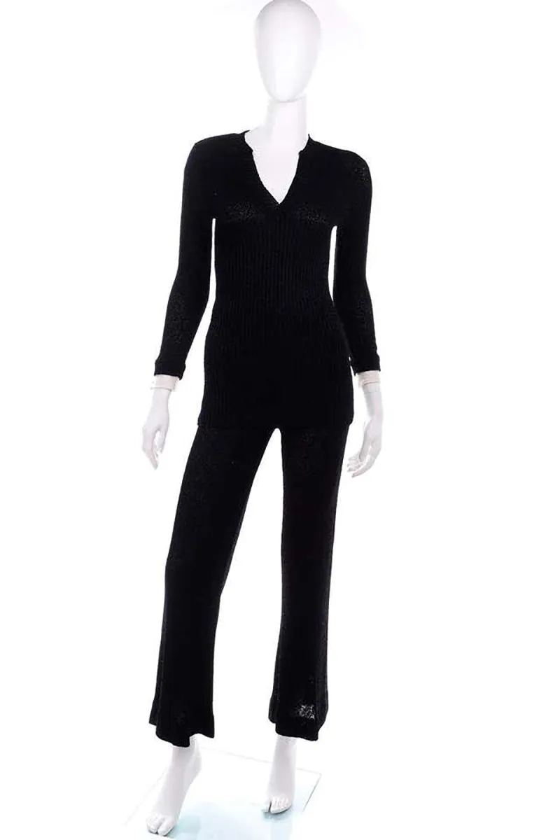 Howard Lawrence 1970s Black Metallic Knit Pants Top & Satin Dickie