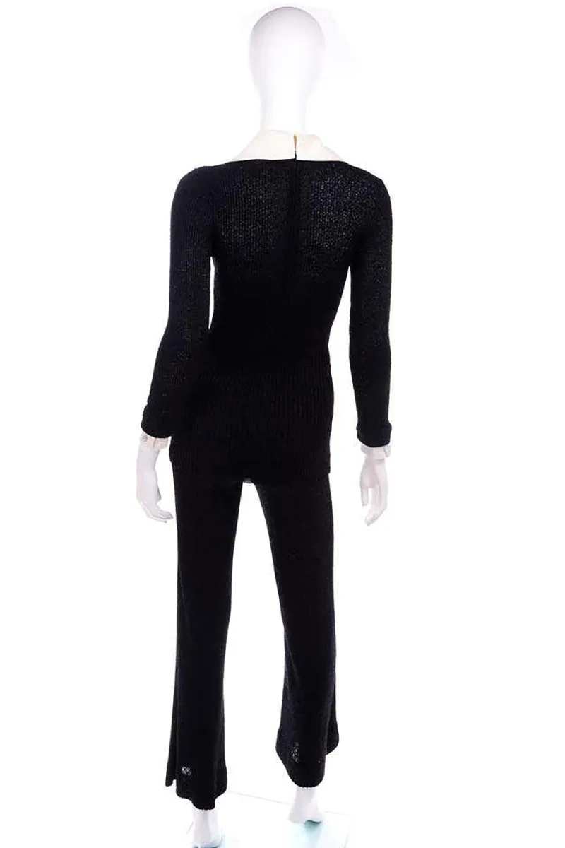 Howard Lawrence 1970s Black Metallic Knit Pants Top & Satin Dickie