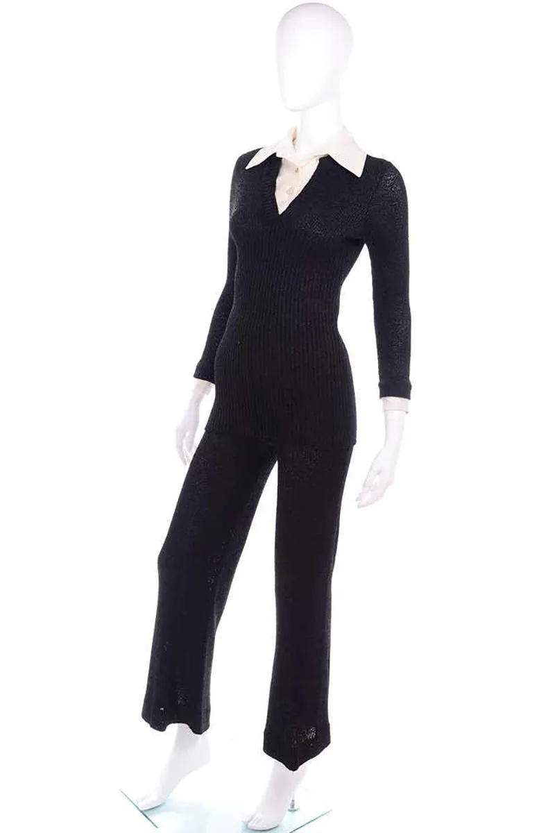 Howard Lawrence 1970s Black Metallic Knit Pants Top & Satin Dickie