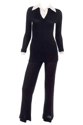 Howard Lawrence 1970s Black Metallic Knit Pants Top & Satin Dickie