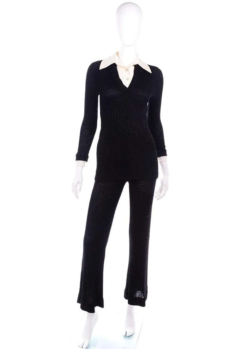 Howard Lawrence 1970s Black Metallic Knit Pants Top & Satin Dickie