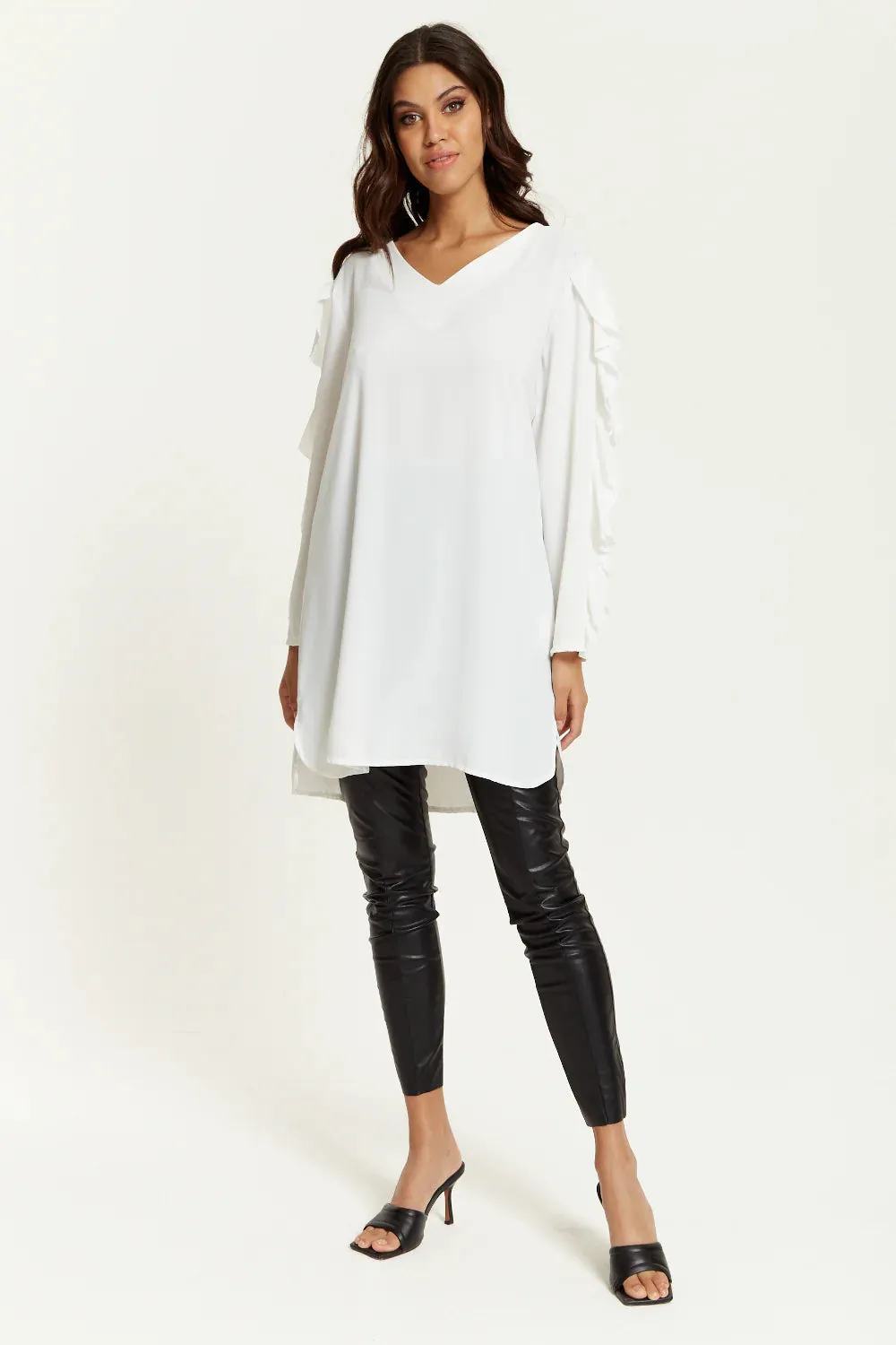 Hoxton Gal Oversized V Neck Ruffle Sleeves Tunic