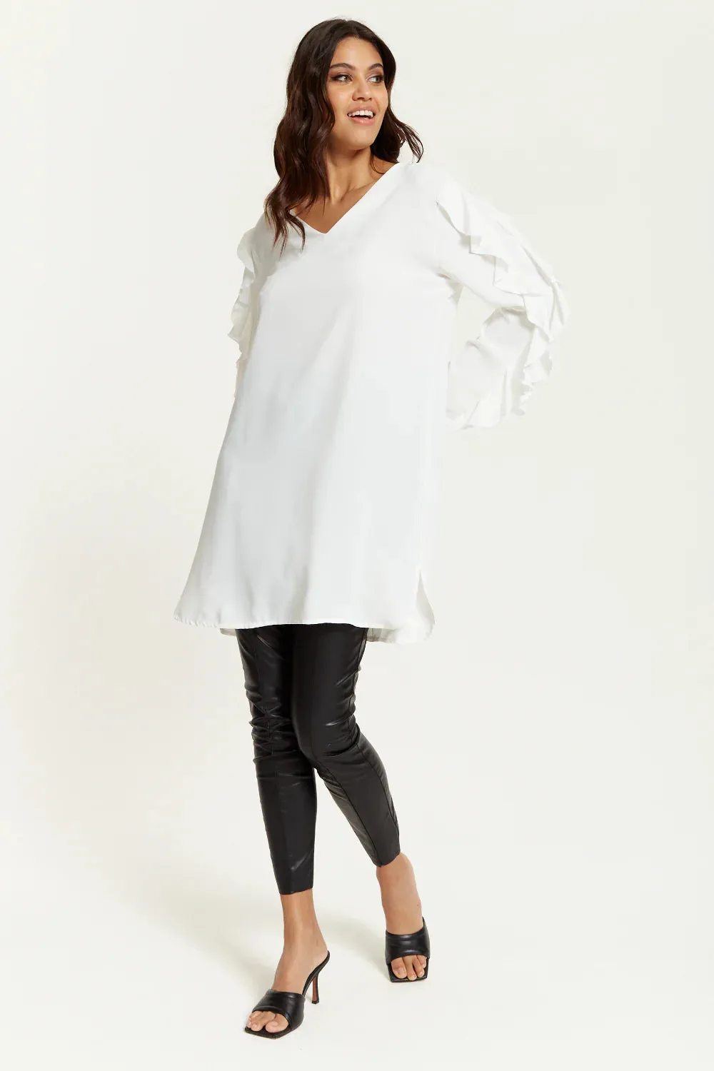 Hoxton Gal Oversized V Neck Ruffle Sleeves Tunic