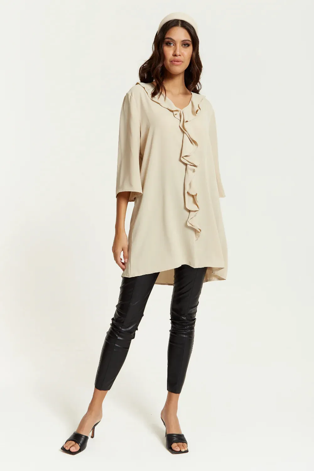 Hoxton Gal Relaxed Fit 3/4 Sleeve Frilled Front Detail Tunic