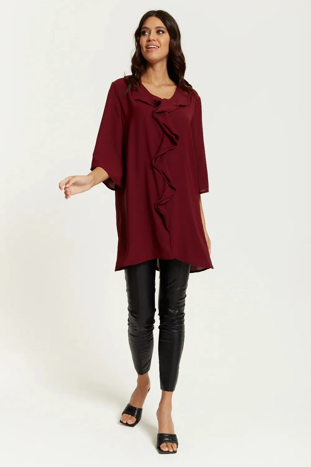 Hoxton Gal Relaxed Fit 3/4 Sleeve Frilled Front Detail Tunic