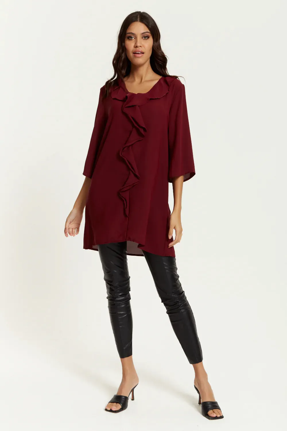 Hoxton Gal Relaxed Fit 3/4 Sleeve Frilled Front Detail Tunic