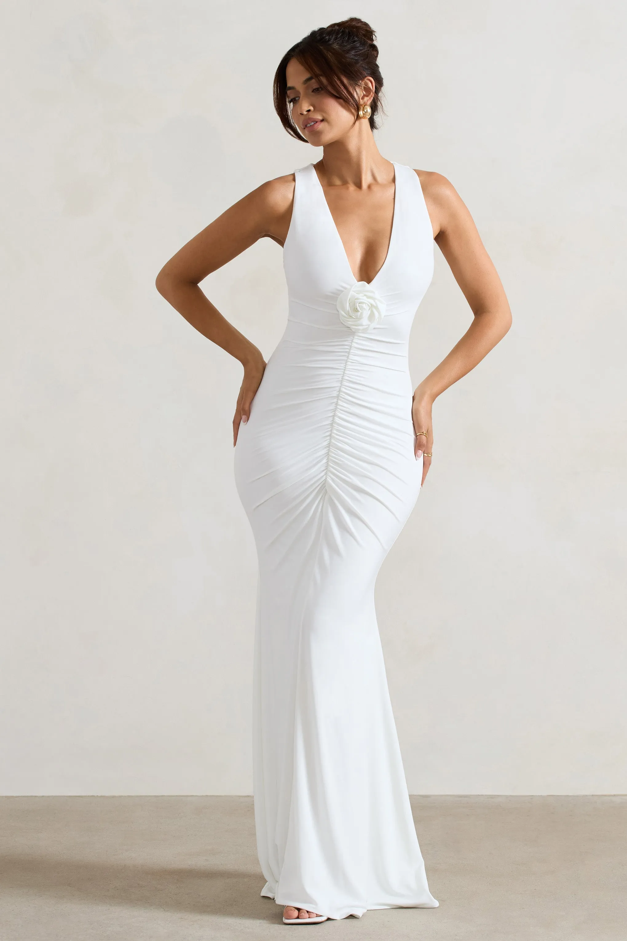 Julianna | White Plunge-Neck Ruched Maxi Dress With Corsage