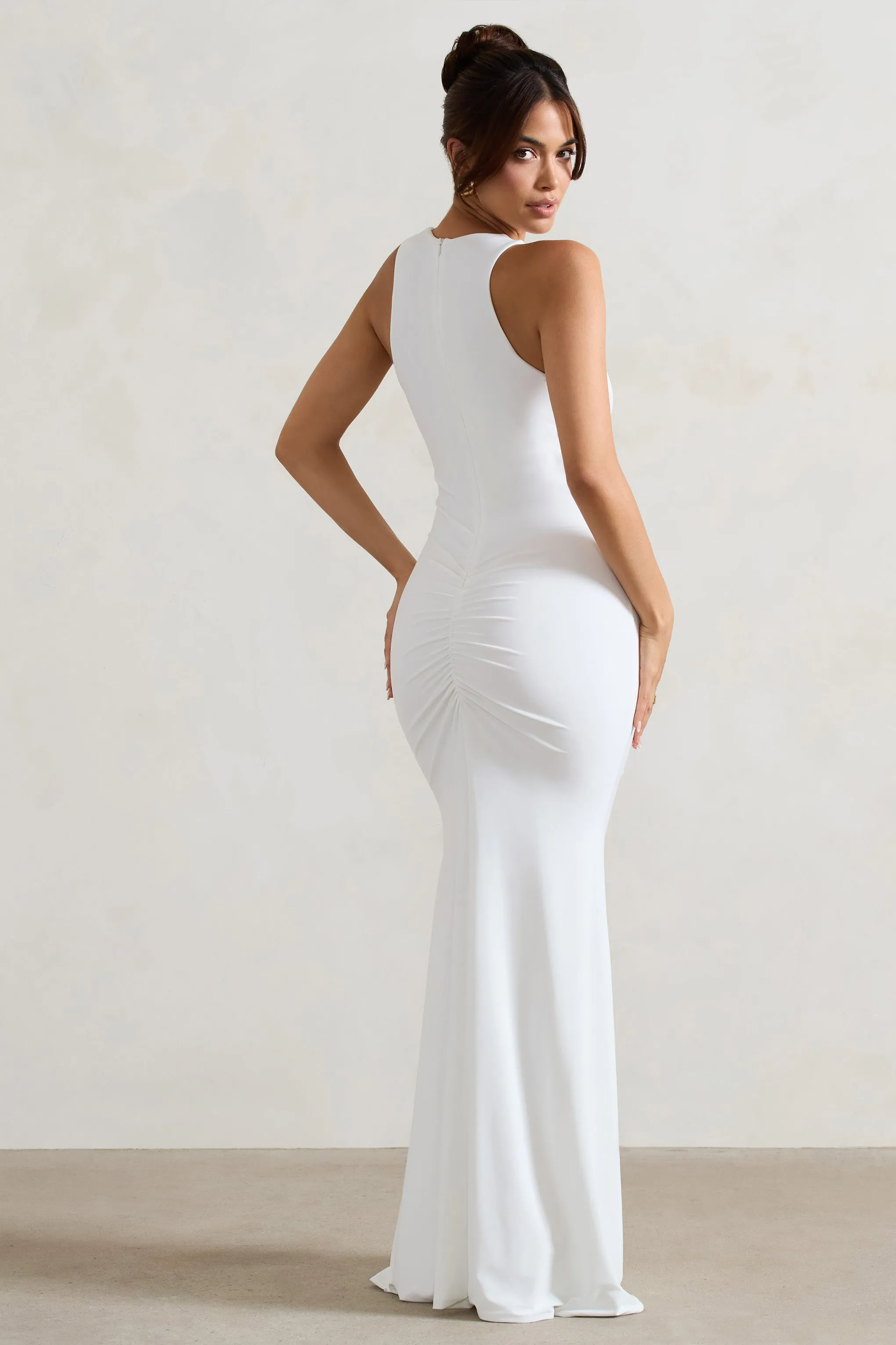 Julianna | White Plunge-Neck Ruched Maxi Dress With Corsage