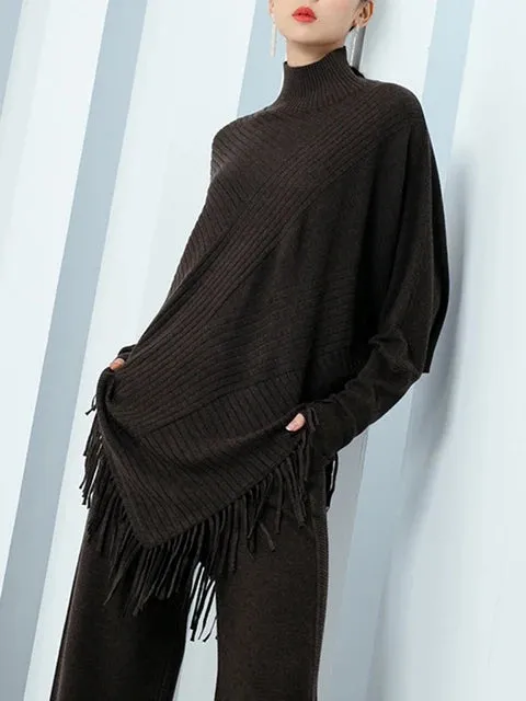 Knitted Sweater Loose Pullover Tassel Casual Stand Collar Full Sleeve Warm Thick Autumn Fashion Irregular Hem