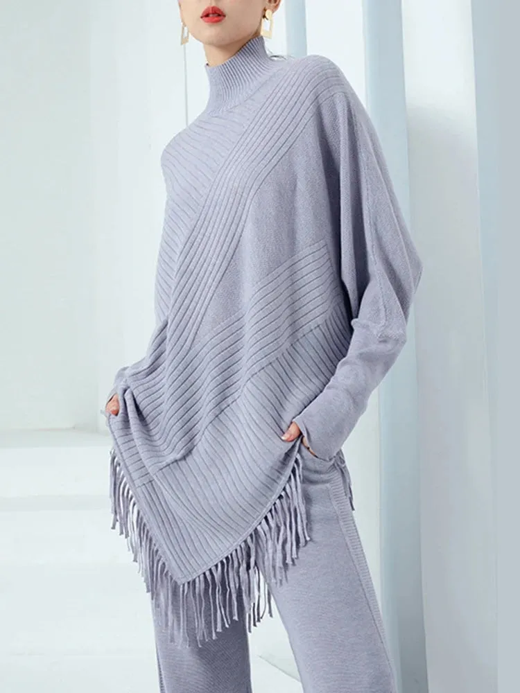 Knitted Sweater Loose Pullover Tassel Casual Stand Collar Full Sleeve Warm Thick Autumn Fashion Irregular Hem