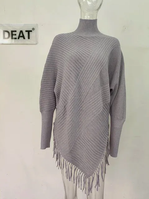 Knitted Sweater Loose Pullover Tassel Casual Stand Collar Full Sleeve Warm Thick Autumn Fashion Irregular Hem