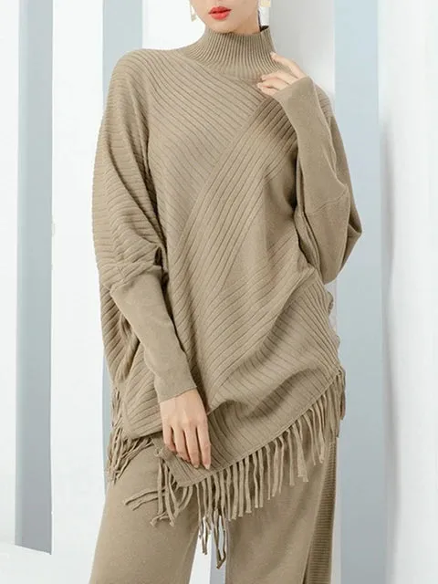 Knitted Sweater Loose Pullover Tassel Casual Stand Collar Full Sleeve Warm Thick Autumn Fashion Irregular Hem