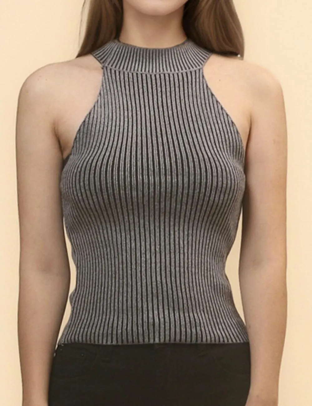 Ladies Sleeveless Crew Neck Rib Knit Vest SKT4715