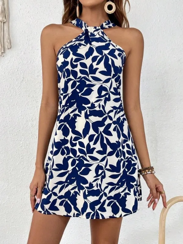 Leaf Print Sleeveless Ruffle Hem Overall Dress