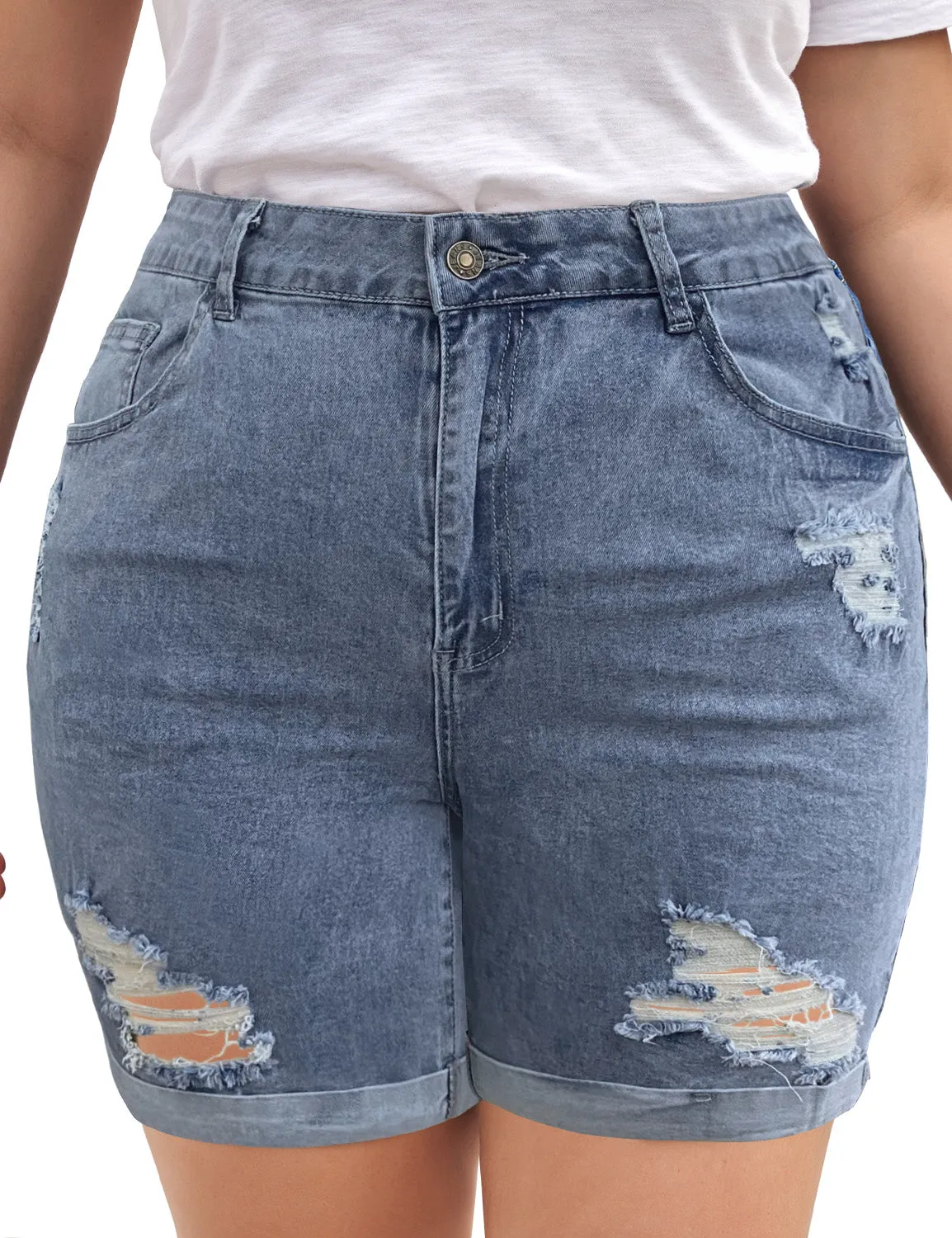 Light Blue Plus Size High-Waist Cuffed Hem Distressed Denim Biker Shorts