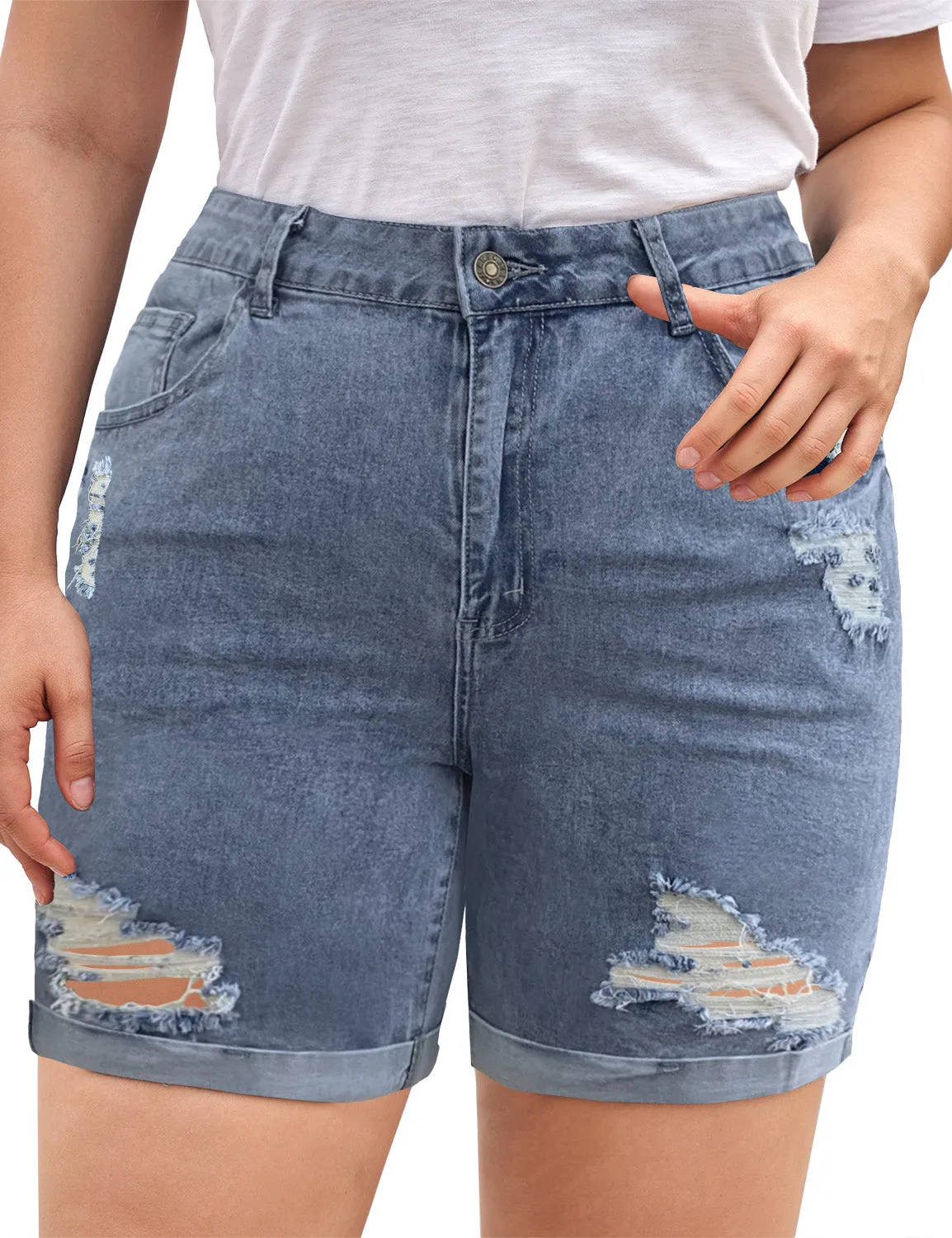 Light Blue Plus Size High-Waist Cuffed Hem Distressed Denim Biker Shorts