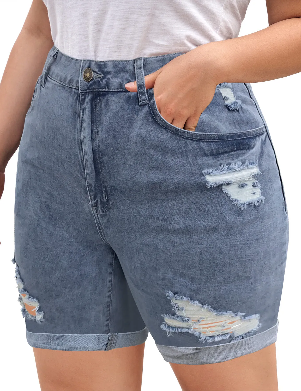 Light Blue Plus Size High-Waist Cuffed Hem Distressed Denim Biker Shorts