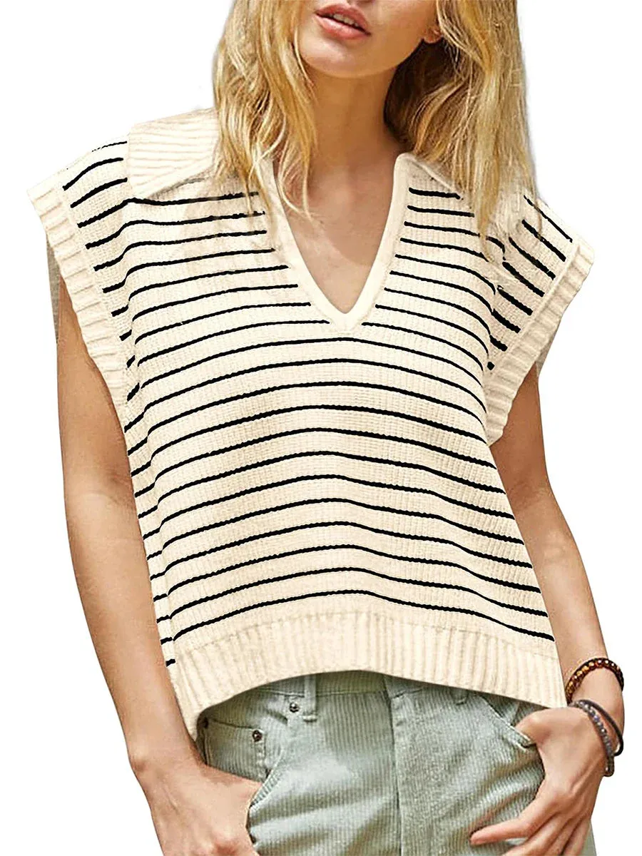 Loose Knit Tank Tops Stripe Print V-Neck Pullover Fashion Casual Vest Tank Women's Top