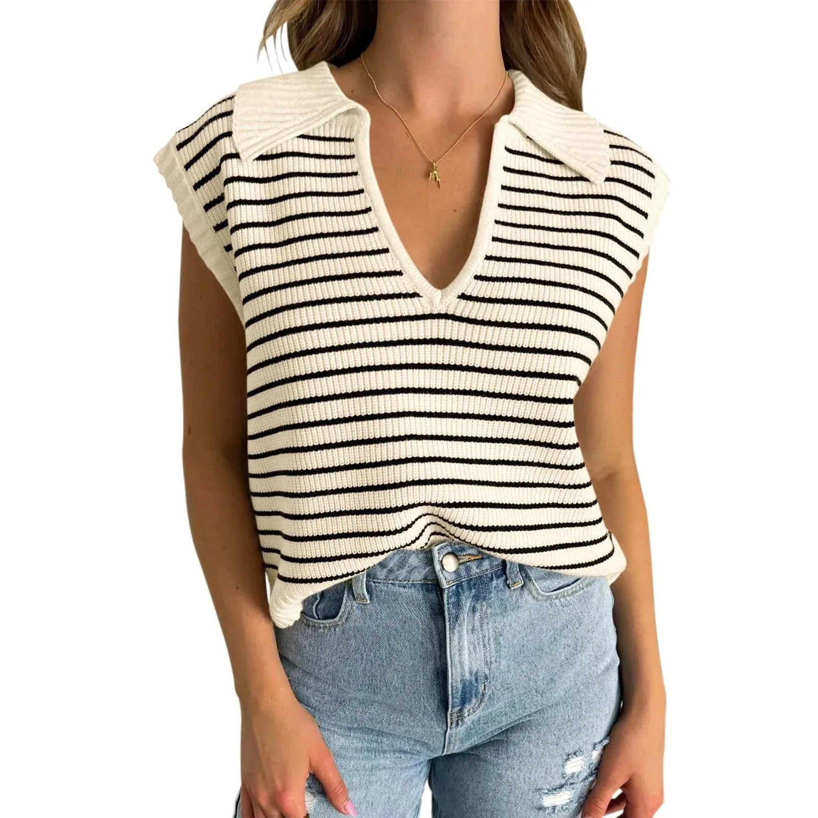 Loose Knit Tank Tops Stripe Print V-Neck Pullover Fashion Casual Vest Tank Women's Top