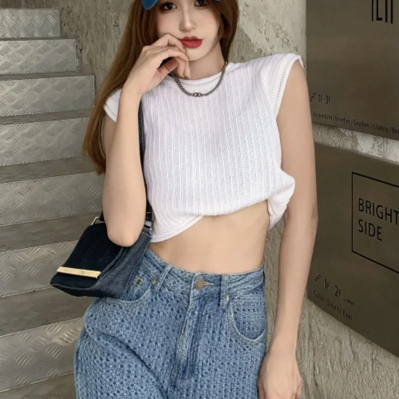 Loose Women Vest Tanks Summer Sleeveless Solid White Knit Korean Pullover O Neck Crop Tops Casual Hollow Out Thin Tops