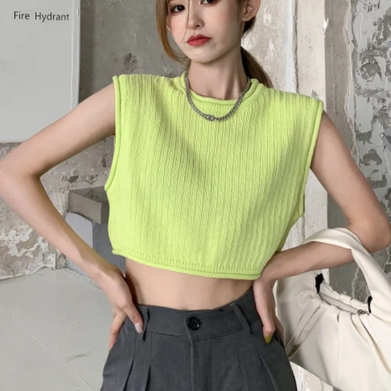 Loose Women Vest Tanks Summer Sleeveless Solid White Knit Korean Pullover O Neck Crop Tops Casual Hollow Out Thin Tops