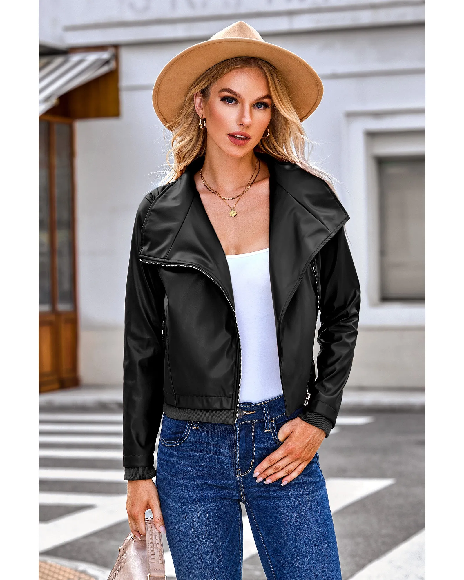 luvamia Faux Leather Jackets for Women Zip Up Lapel Collar Motorcyle Biker Short Jacket PU Leather Blazer Long Sleeves