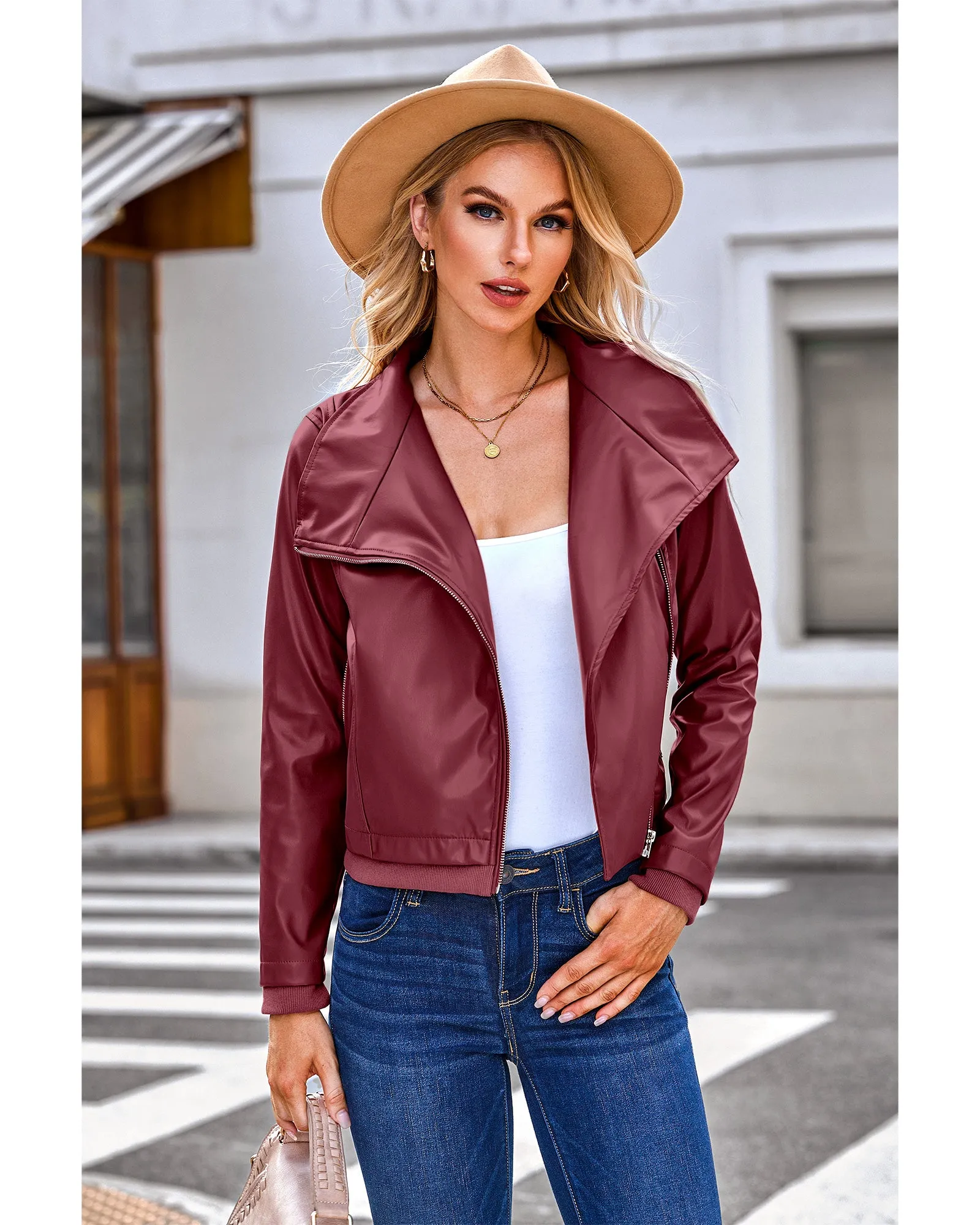 luvamia Faux Leather Jackets for Women Zip Up Lapel Collar Motorcyle Biker Short Jacket PU Leather Blazer Long Sleeves