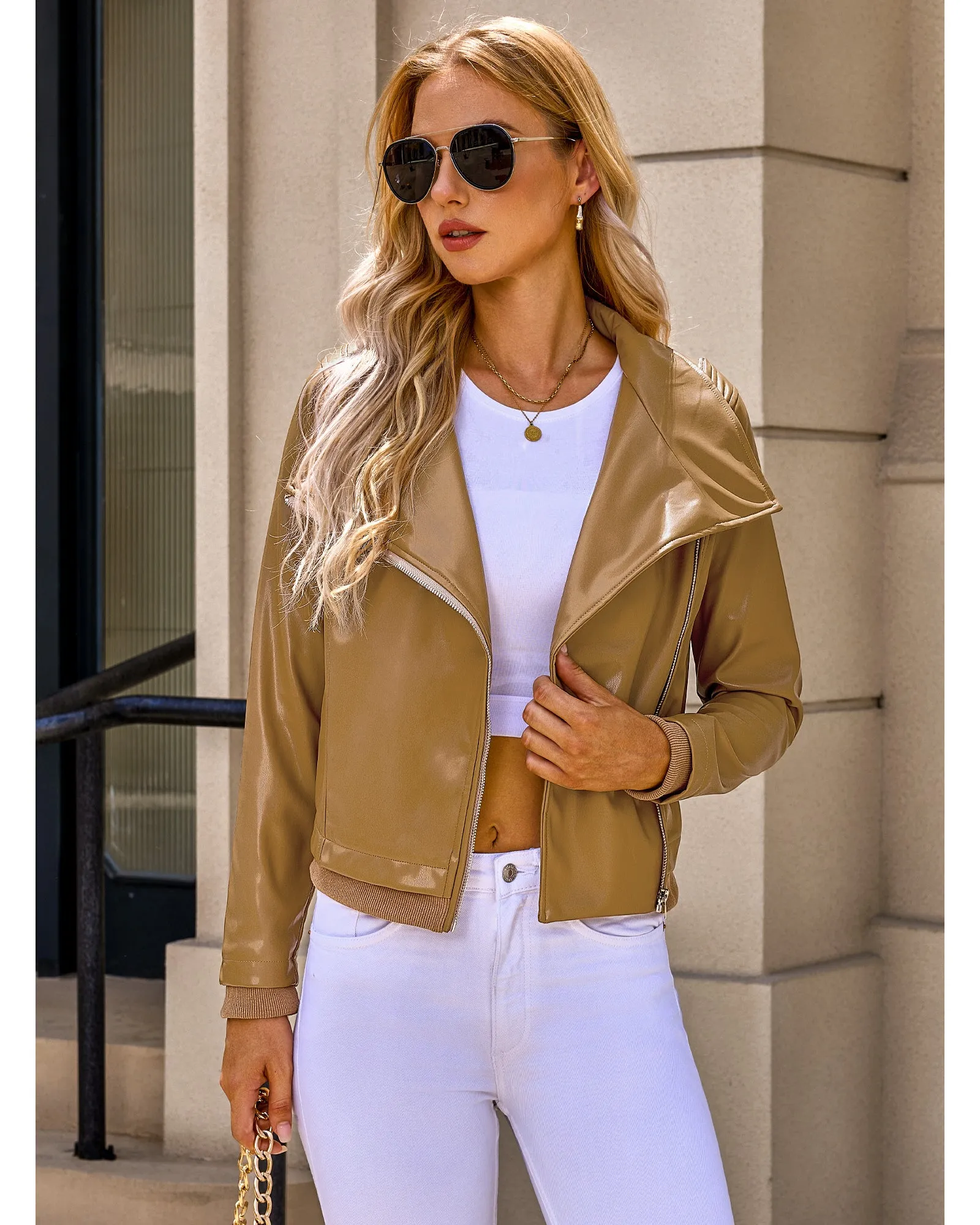 luvamia Faux Leather Jackets for Women Zip Up Lapel Collar Motorcyle Biker Short Jacket PU Leather Blazer Long Sleeves