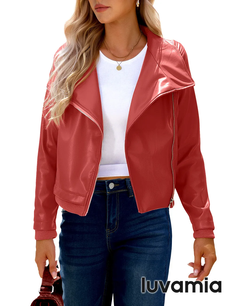 luvamia Faux Leather Jackets for Women Zip Up Lapel Collar Motorcyle Biker Short Jacket PU Leather Blazer Long Sleeves