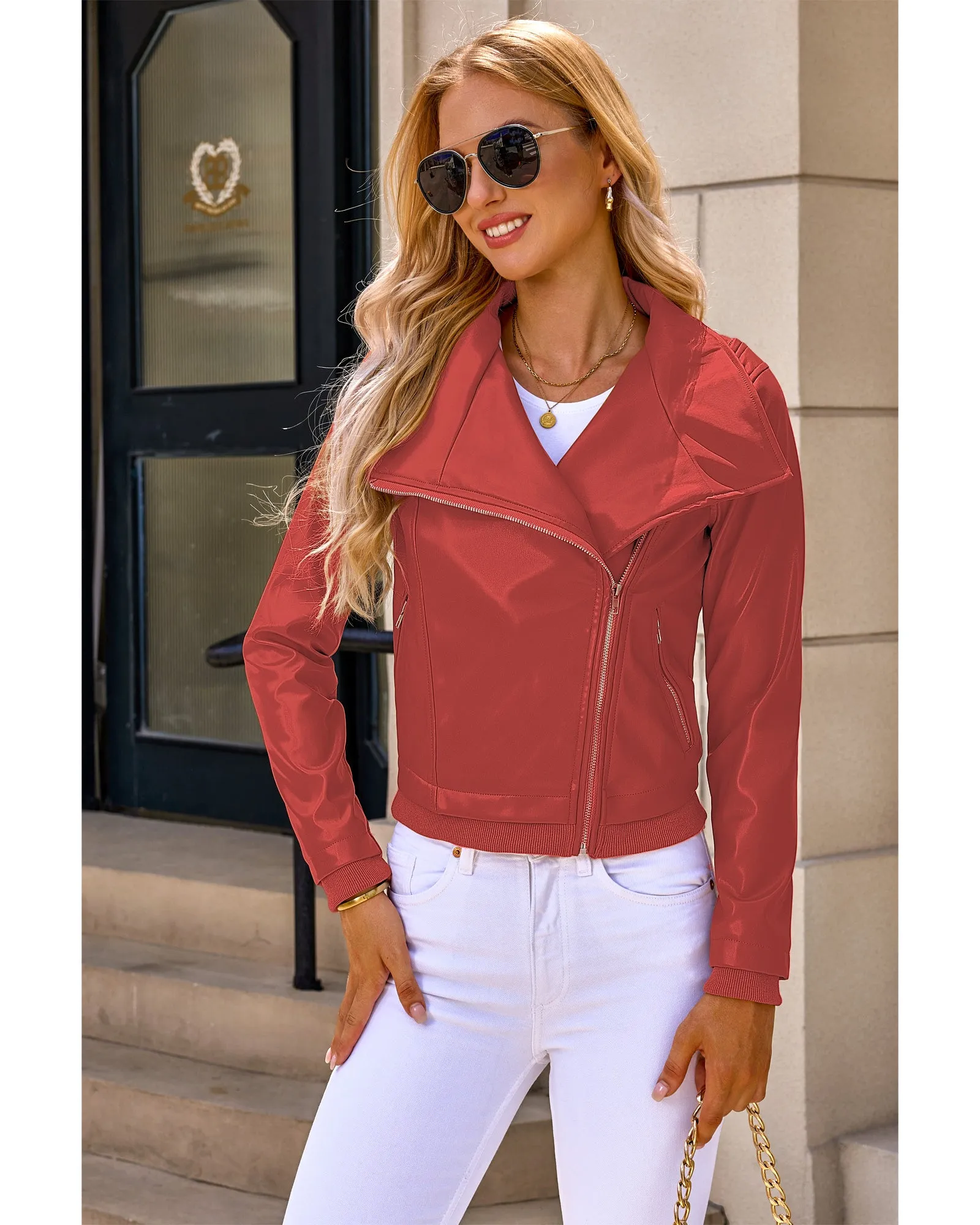 luvamia Faux Leather Jackets for Women Zip Up Lapel Collar Motorcyle Biker Short Jacket PU Leather Blazer Long Sleeves