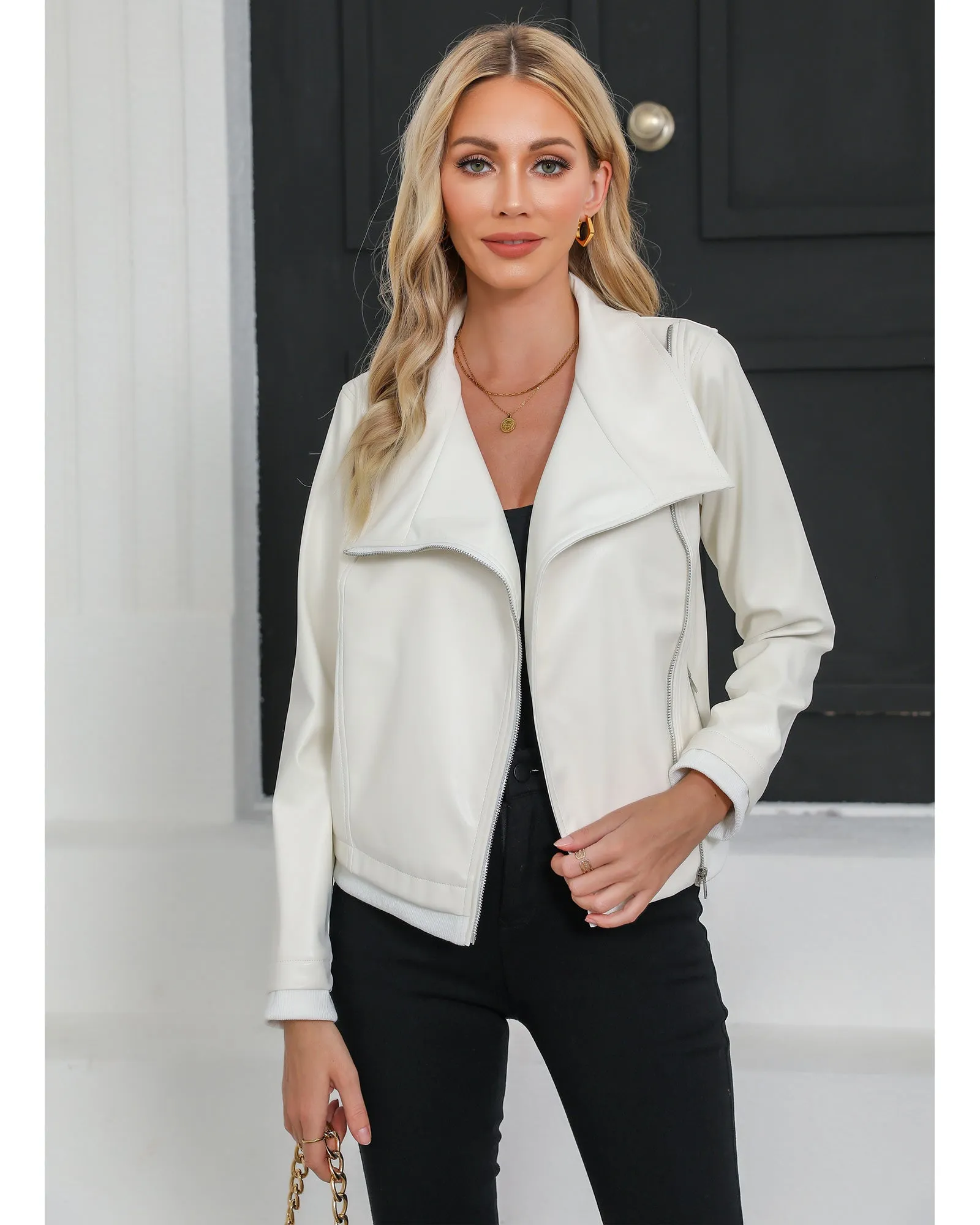 luvamia Faux Leather Jackets for Women Zip Up Lapel Collar Motorcyle Biker Short Jacket PU Leather Blazer Long Sleeves