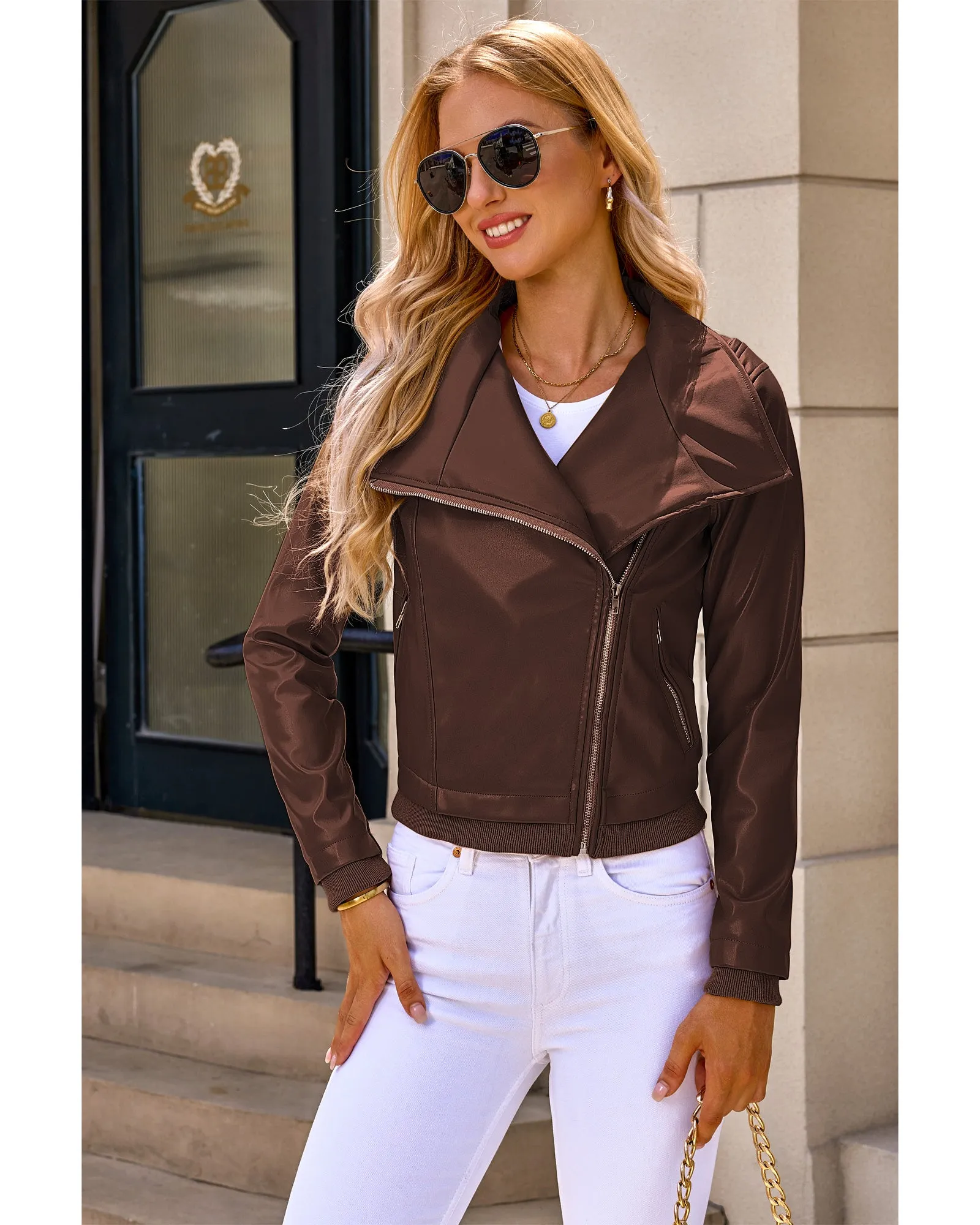 luvamia Faux Leather Jackets for Women Zip Up Lapel Collar Motorcyle Biker Short Jacket PU Leather Blazer Long Sleeves