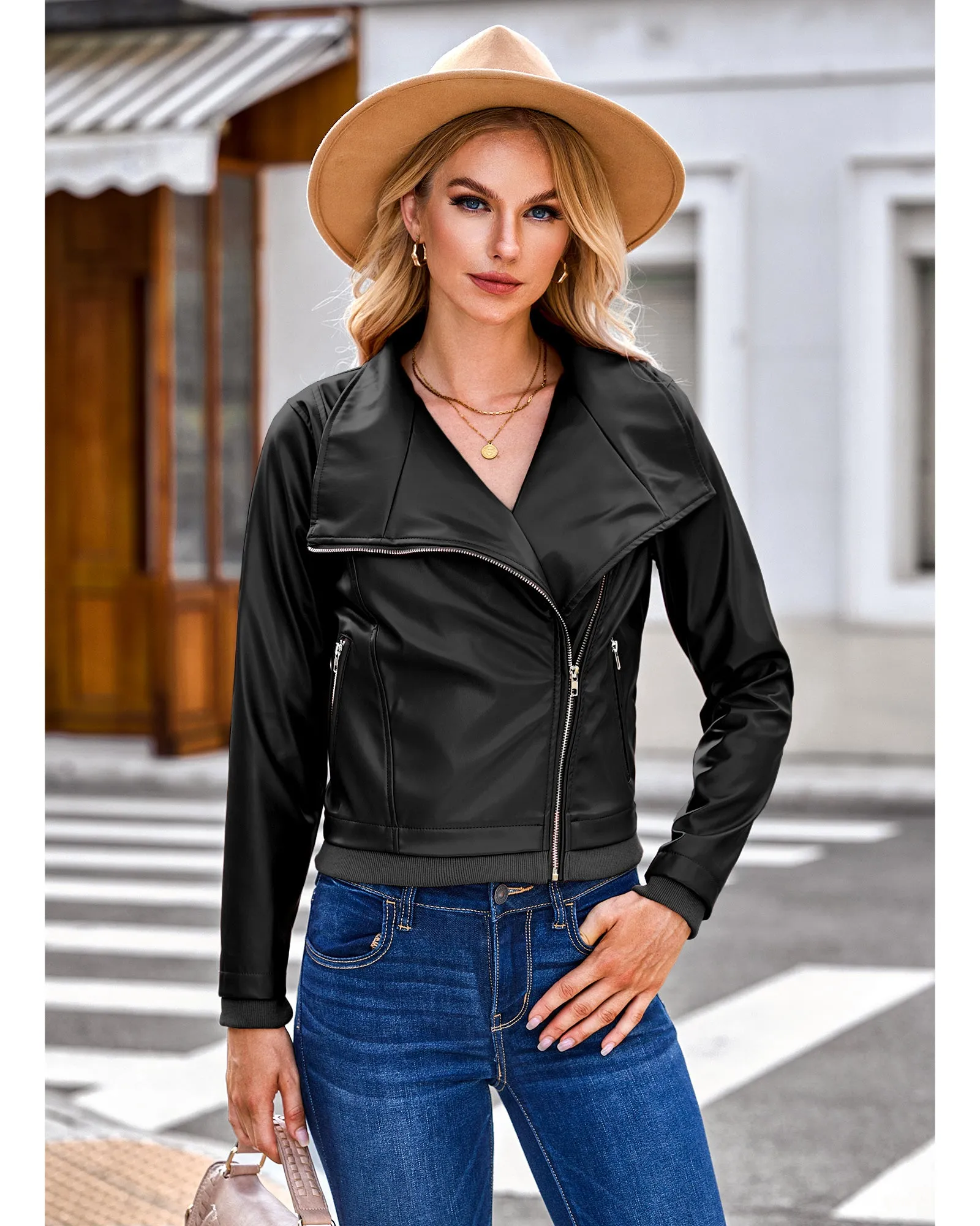 luvamia Faux Leather Jackets for Women Zip Up Lapel Collar Motorcyle Biker Short Jacket PU Leather Blazer Long Sleeves