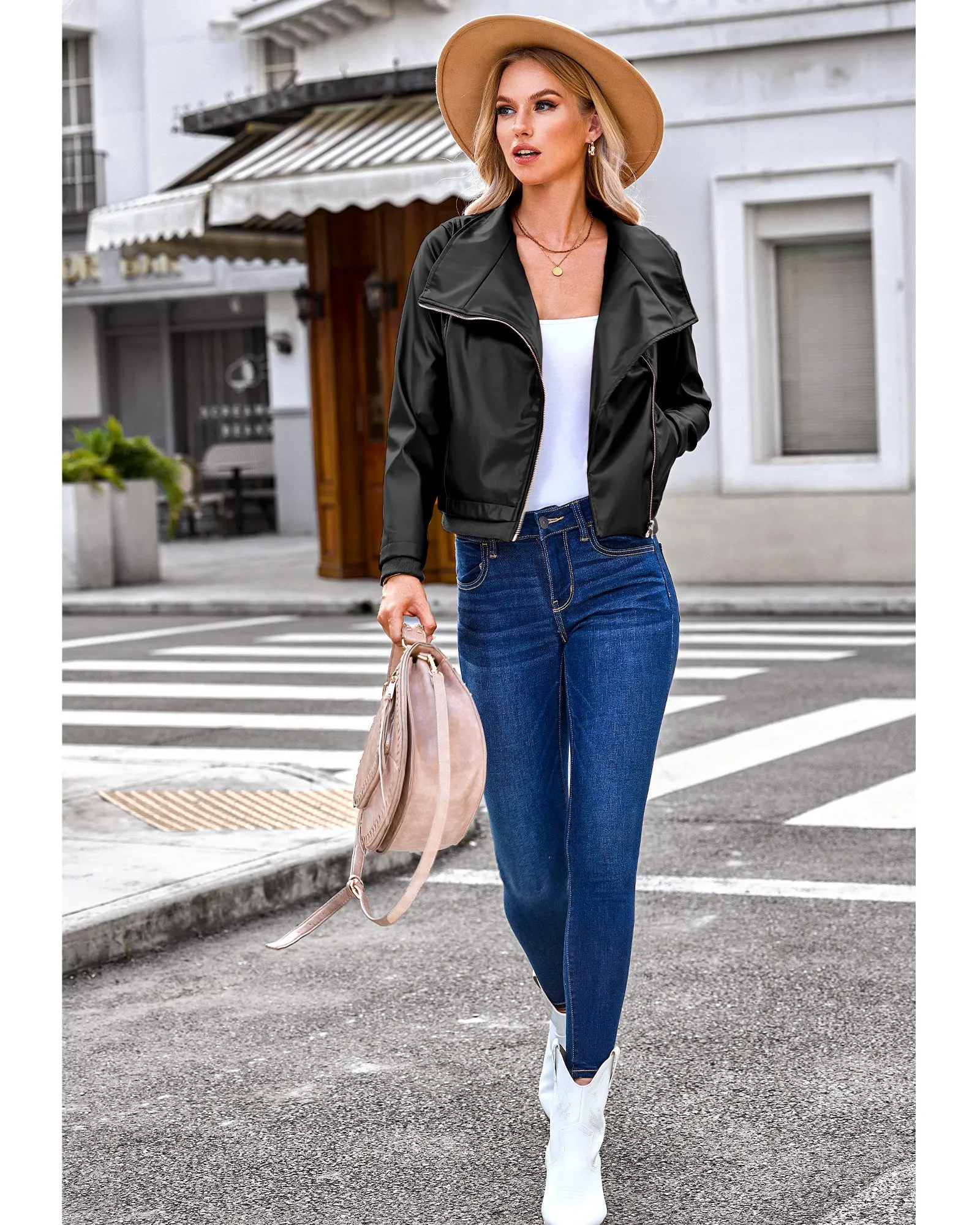 luvamia Faux Leather Jackets for Women Zip Up Lapel Collar Motorcyle Biker Short Jacket PU Leather Blazer Long Sleeves