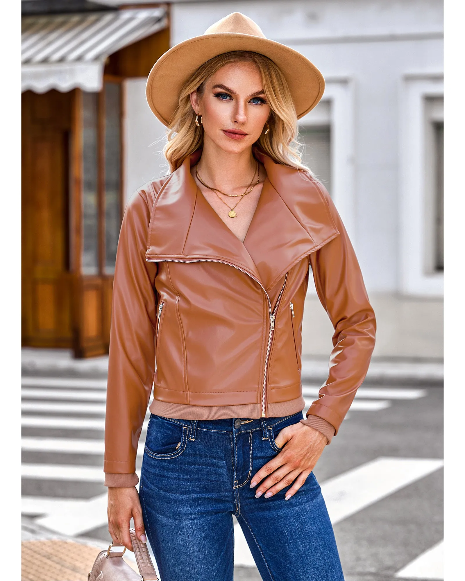 luvamia Faux Leather Jackets for Women Zip Up Lapel Collar Motorcyle Biker Short Jacket PU Leather Blazer Long Sleeves