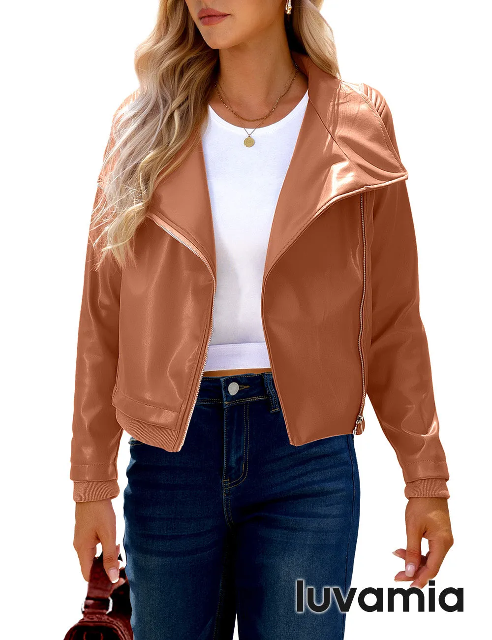 luvamia Faux Leather Jackets for Women Zip Up Lapel Collar Motorcyle Biker Short Jacket PU Leather Blazer Long Sleeves