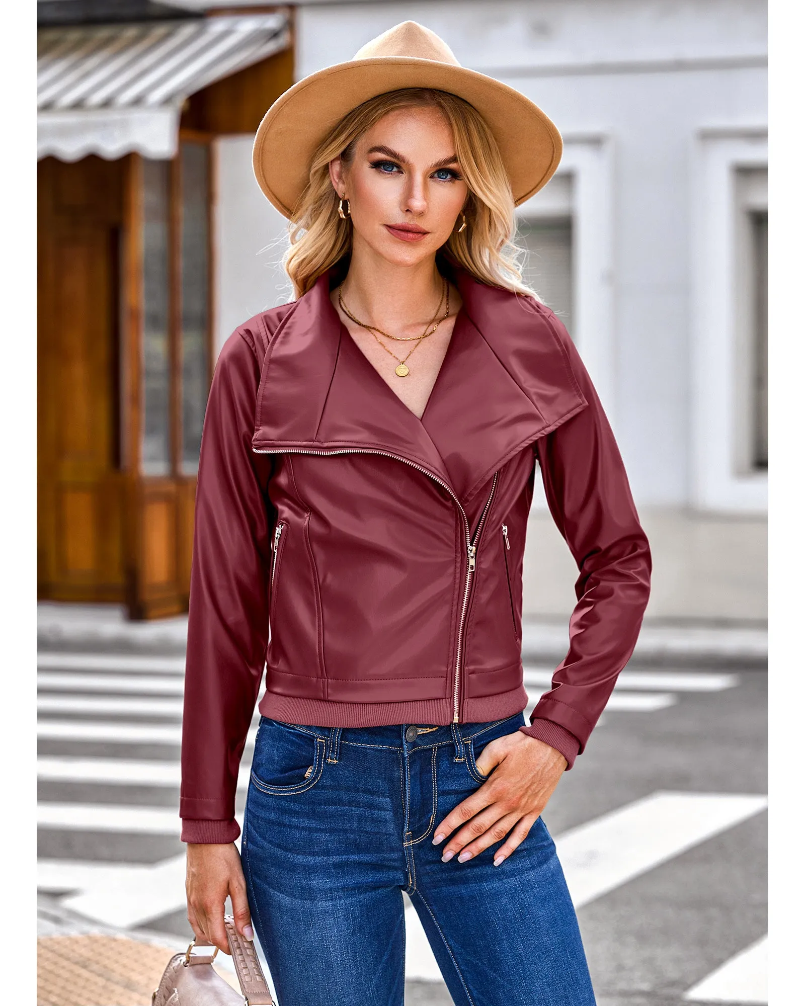 luvamia Faux Leather Jackets for Women Zip Up Lapel Collar Motorcyle Biker Short Jacket PU Leather Blazer Long Sleeves