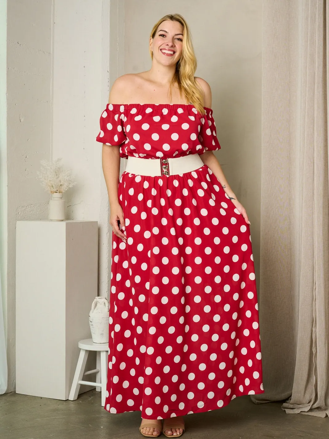 LXUX LE0059 Belted Print PlusSize Maxi Dress