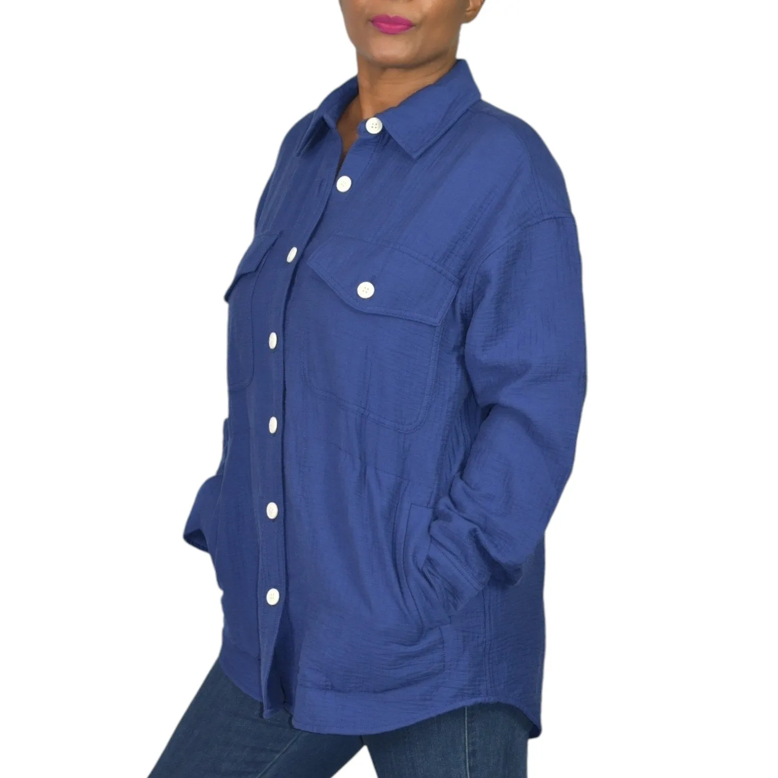 Madewell Super Oversized Shirt Jacket Blue Shacket Boxy Cuffs Pockets Textured Crinkled Size Small