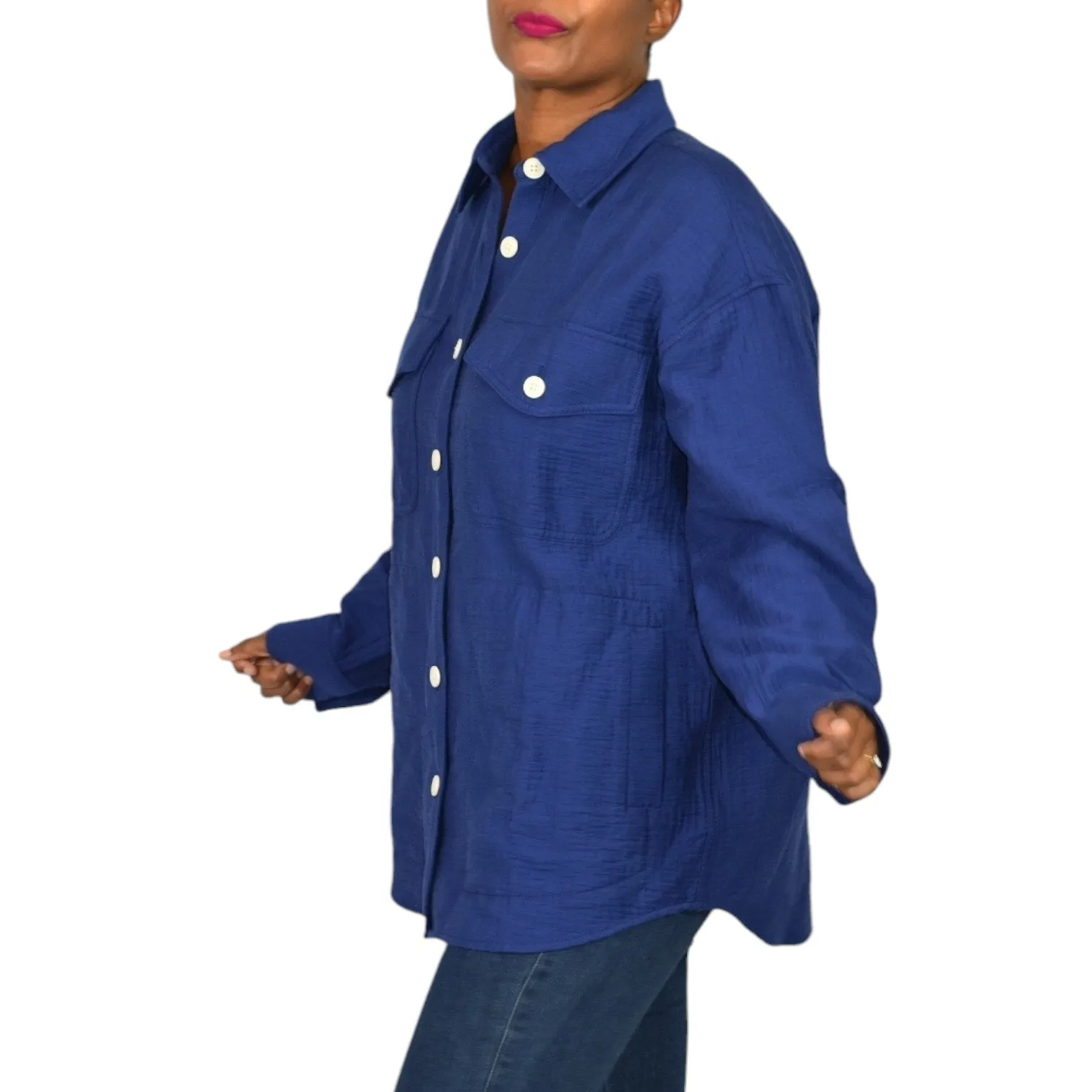 Madewell Super Oversized Shirt Jacket Blue Shacket Boxy Cuffs Pockets Textured Crinkled Size Small