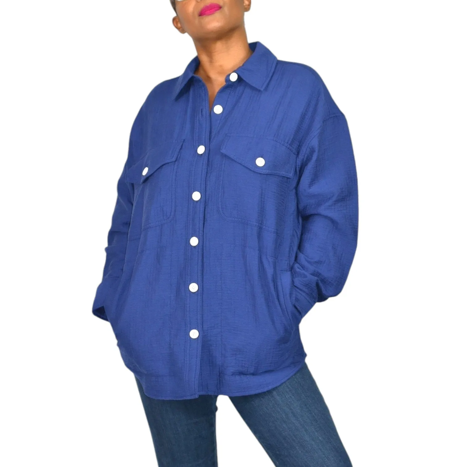 Madewell Super Oversized Shirt Jacket Blue Shacket Boxy Cuffs Pockets Textured Crinkled Size Small