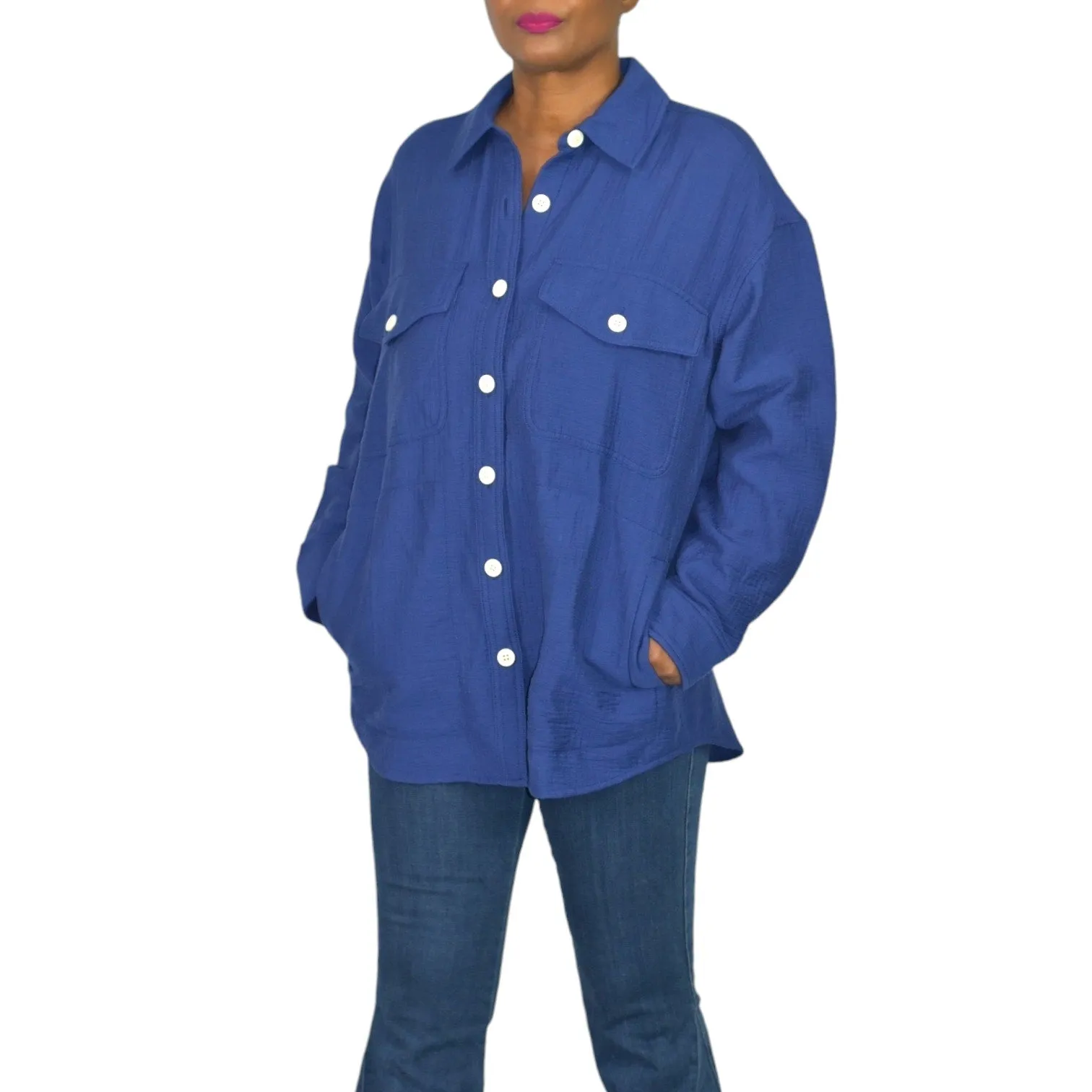 Madewell Super Oversized Shirt Jacket Blue Shacket Boxy Cuffs Pockets Textured Crinkled Size Small